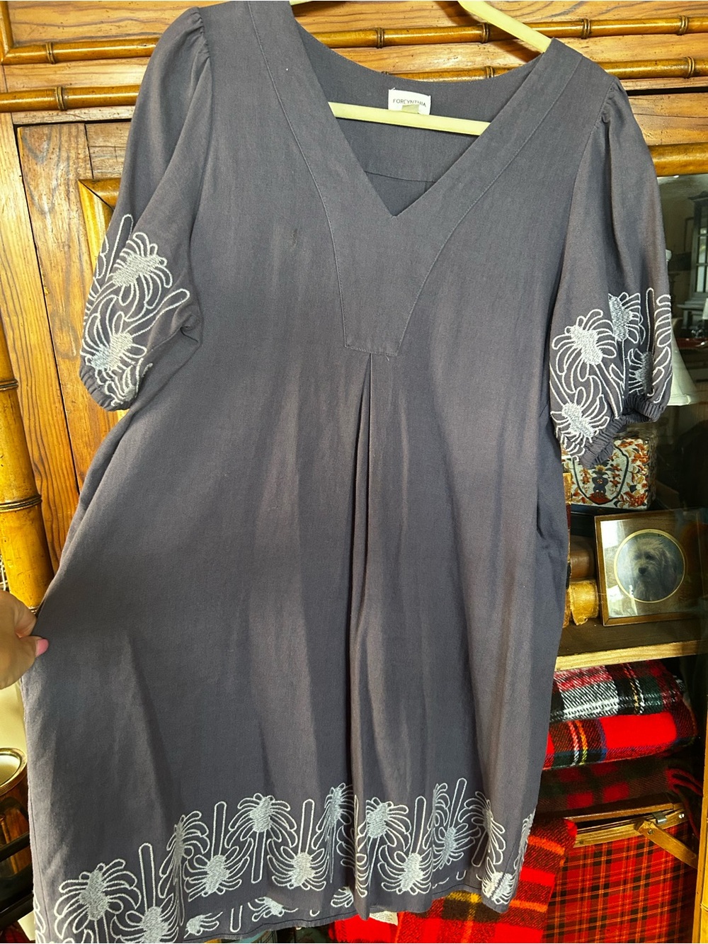 For Cynthia Charcoal Gray V-Neck Dress with White Floral Embroidery